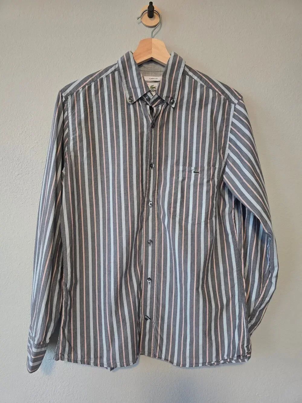 Lacoste Mens 40 M Classic Fit Striped Long Sleeve Button Down Shirt Preppy